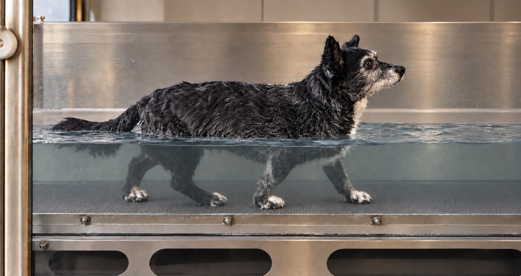 Hund auf dem Unterwasserlaufband